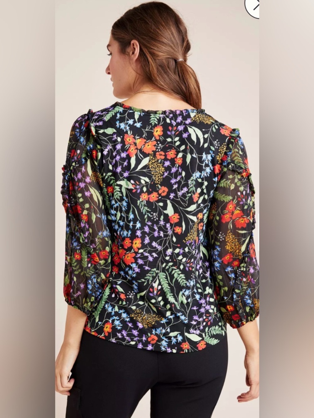 Anthropologie Maeve Jacquin Peasant Blouse black floral SP - Picture 3 of 6
